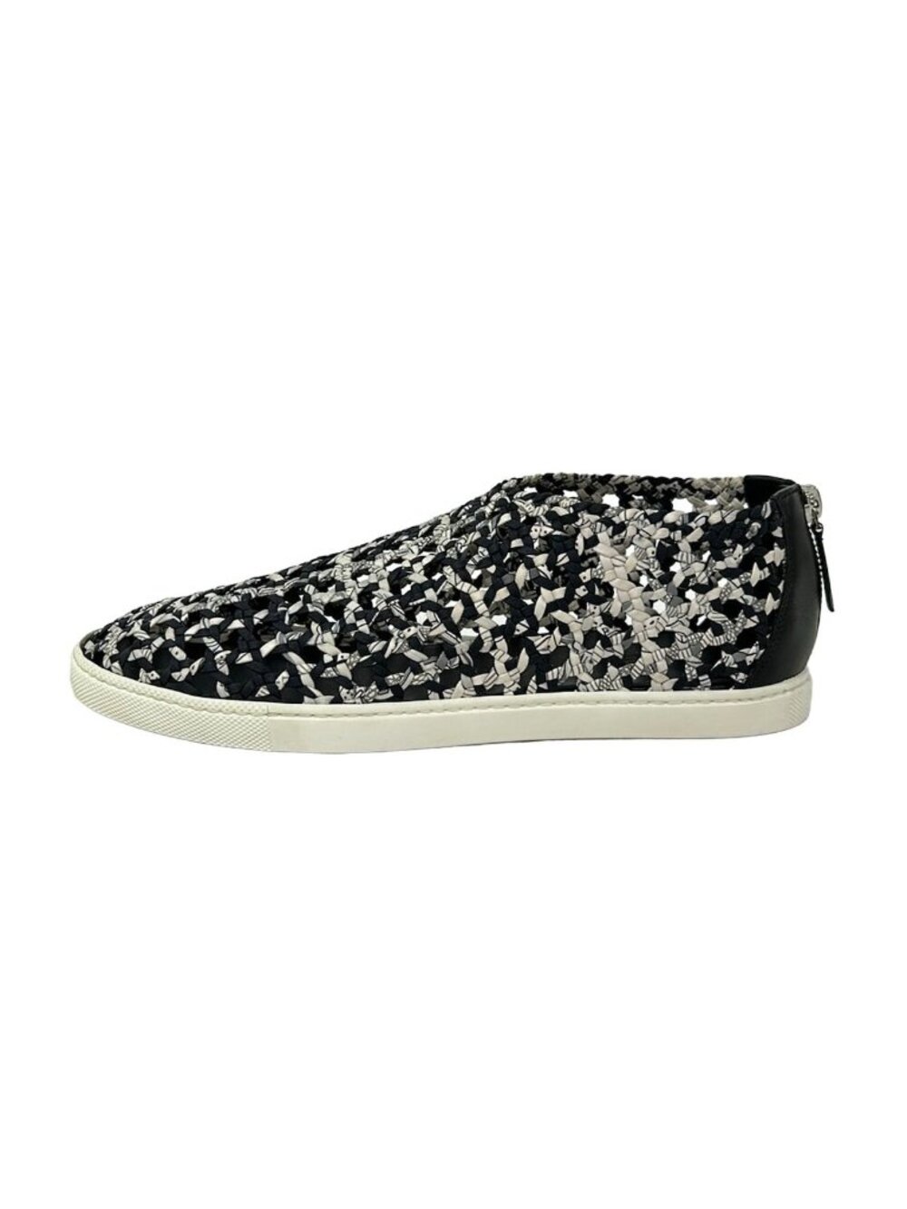 Hermes Slip On Black White Gray Silk Leather Slipper